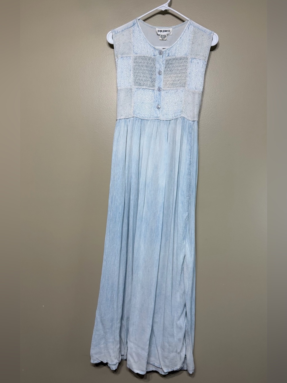Vintage 90s Jeune Jeunesse Romantic Powder Blue Patchwork Rayon Maxi Dress